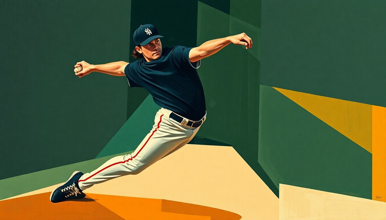 A fragmented, geometric painting depicting a baseball pitcher's throwing motion, with sharp, overlapping planes of navy, forest green, and burnt orange, conveying the cautious, step-by-step approach to the player's injury recovery.