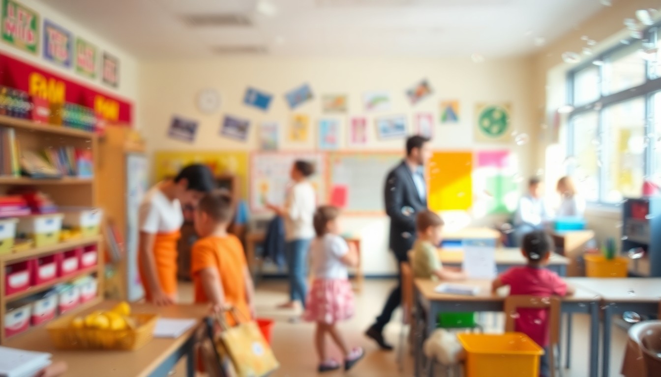 An abstract, impressionistic scene of blurred shapes and colors representing the excitement and anticipation of starting kindergarten, with no discernible figures or text.