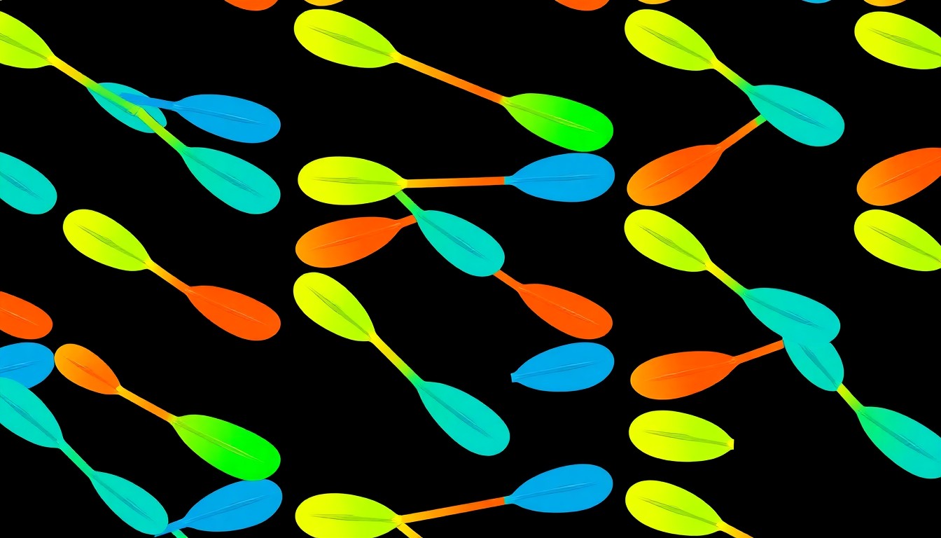 A bold, graphic illustration of a kayak paddle repeated in a grid pattern, using a vibrant neon color palette to capture the energy and teamwork of the community cleanup event.