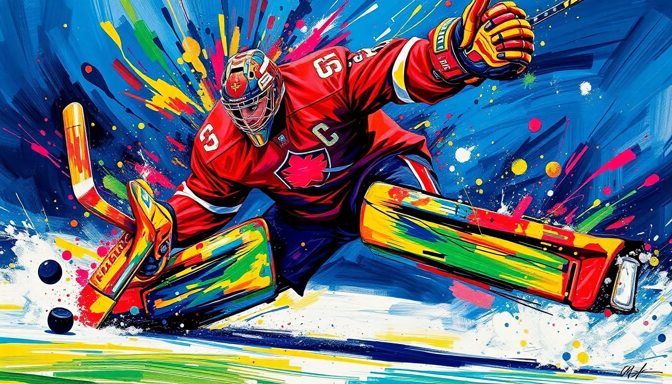 An abstract, expressionist painting featuring rapid brushstrokes in neon colors that capture the raw energy and athleticism of a hockey goaltender making an acrobatic save, with only the puck and glove hand remaining in focus.