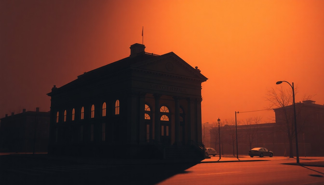 A serene, cinematic painting of a city hall building in warm, golden light, conveying a sense of civic pride and community involvement.