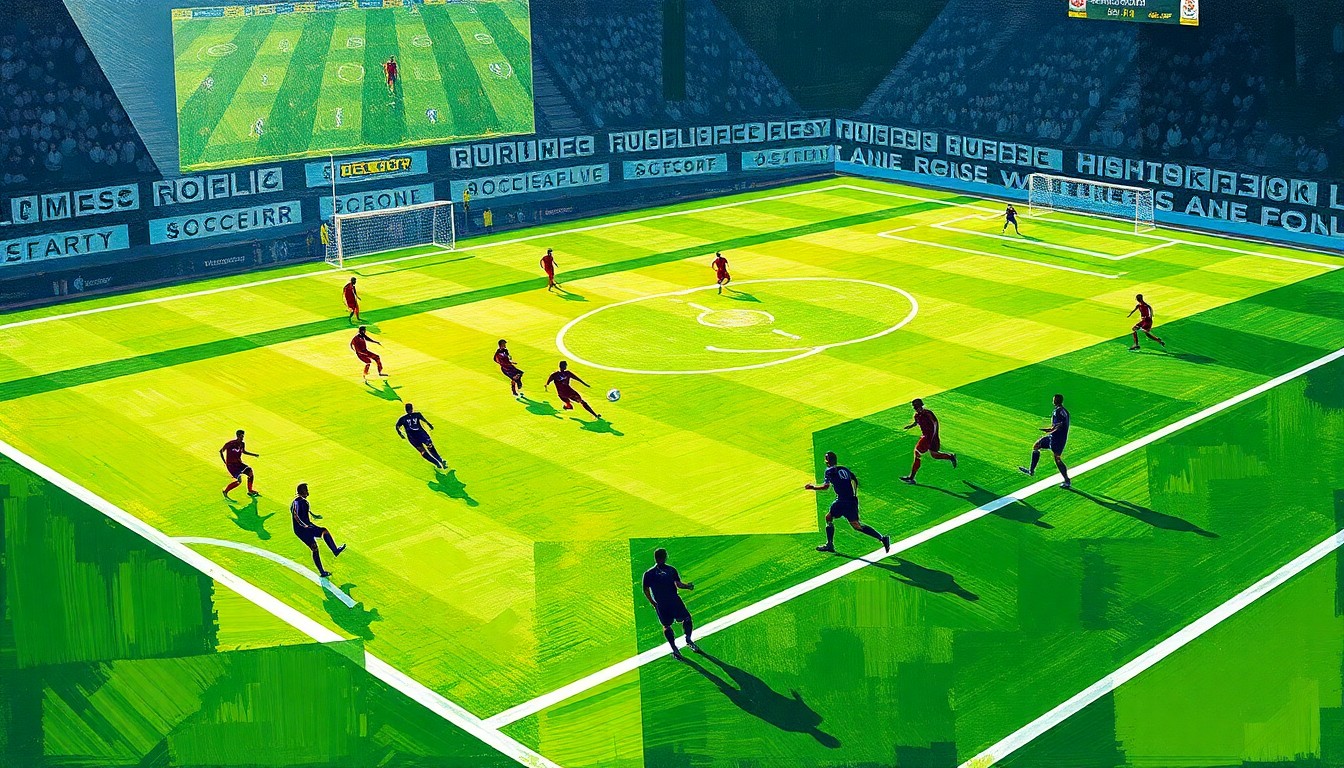 A fragmented, geometric painting depicting the overlapping shapes and perspectives of a soccer field, players, and spectators, conveying the dynamic energy of a live sporting event.