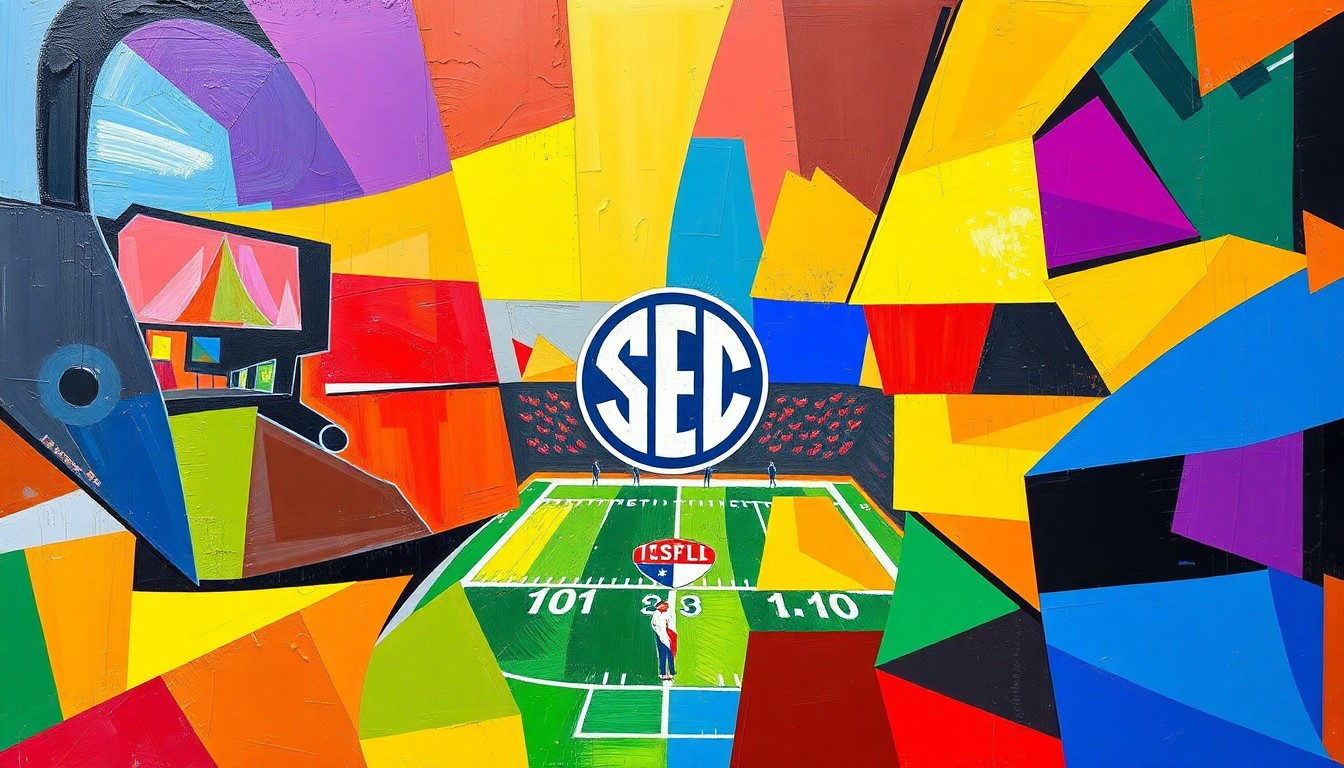 A cubist, geometric painting depicting a fragmented college football championship game, with sharp planes of color representing the competing teams' uniforms and the chaotic energy of the event.
