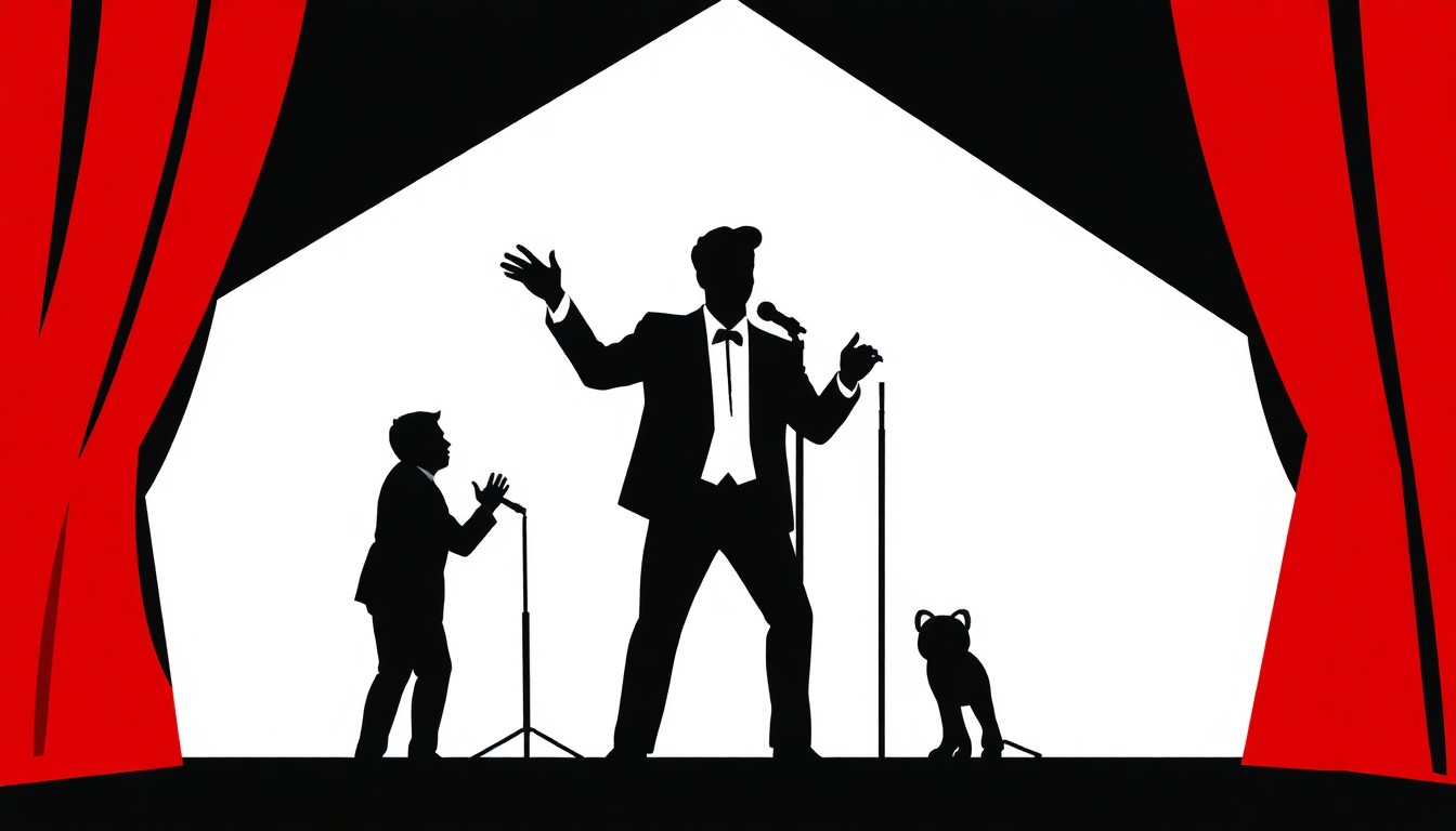 A striking abstract illustration featuring bold geometric shapes and silhouettes in high-contrast colors, conceptually representing the energy and excitement of a stand-up comedy performance.