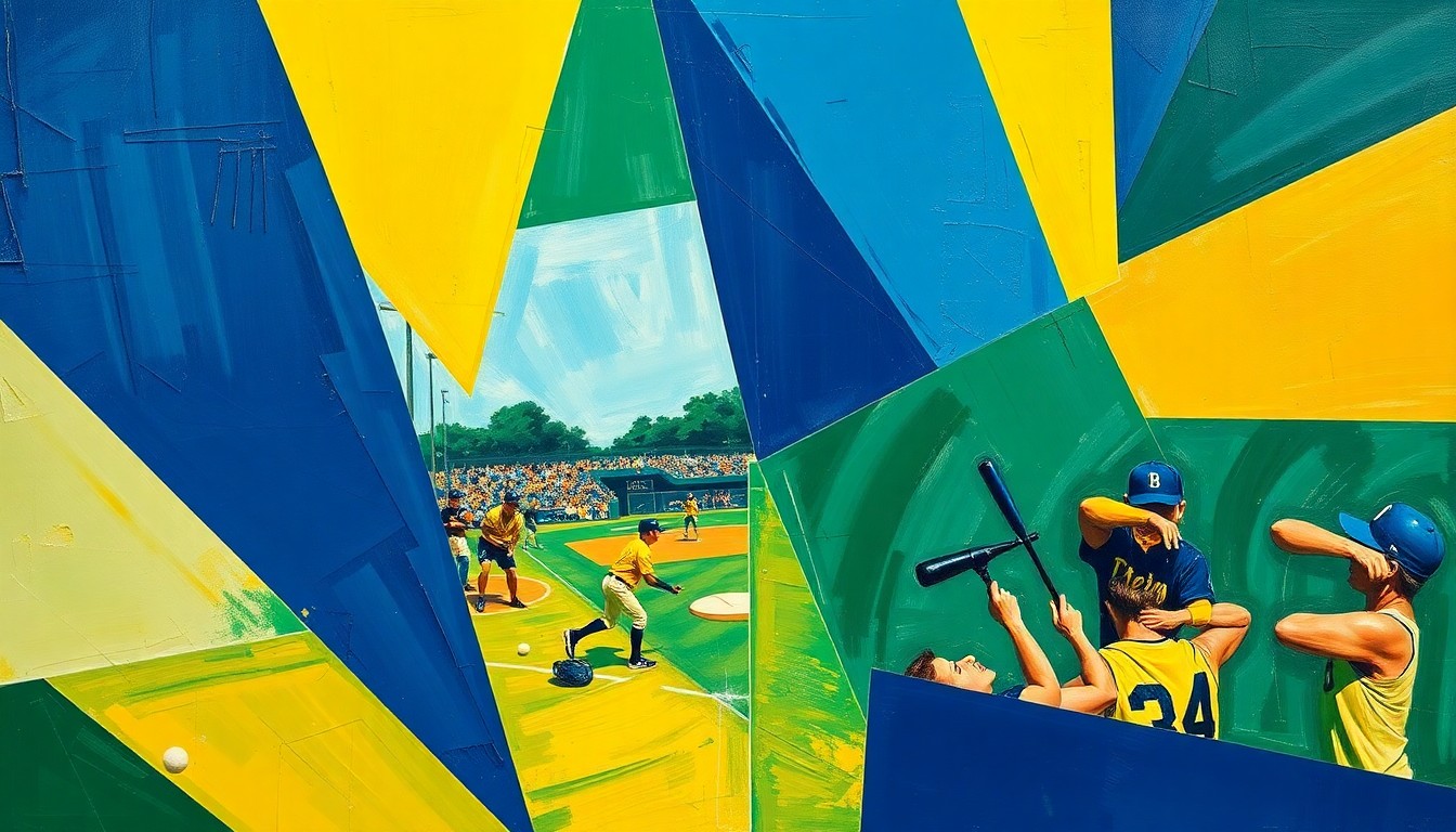 A cubist-style painting featuring overlapping geometric shapes and planes in navy, green, and yellow, conceptually representing the multifaceted history and community spirit of Ledyard High School's softball program.