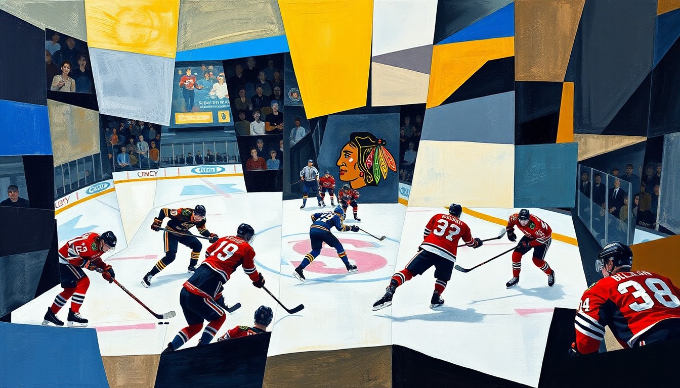 A cubist-style painting depicting a hockey game between the St. Louis Blues and Chicago Blackhawks, with the players' movements and the intensity of the game captured through sharp, overlapping geometric planes in a fractured, multi-perspective style.
