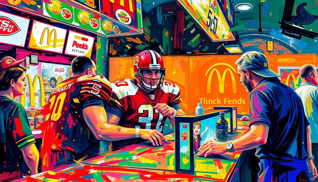 An extreme close-up of a football player's hands rapidly assembling a hamburger, with the background dissolving into a vibrant, expressionist blur of neon colors, conceptually representing the unexpected collision of celebrity and everyday life.