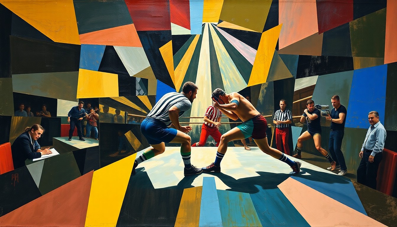 A cubist, geometric painting depicting a wrestling match or competition, with the figures and actions broken down into sharp, overlapping planes of color and shape, creating a dynamic and abstract visual representation of the sport.