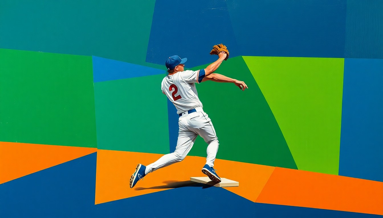 A cubist-style painting depicting a baseball shortstop in motion, their body fractured into sharp, overlapping geometric shapes in a vibrant color palette of navy, green, and orange.