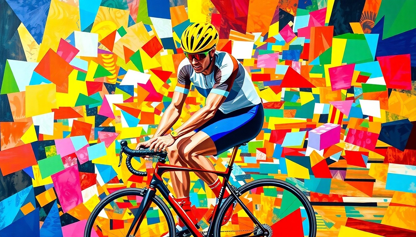 A fragmented, cubist-style painting depicting a cyclist in motion, with sharp geometric shapes and planes of bright, vibrant colors capturing the raw energy and dynamism of the sport. The cyclist's bright yellow helmet stands out as the focal point, symbolizing the critical importance of safety equipment.