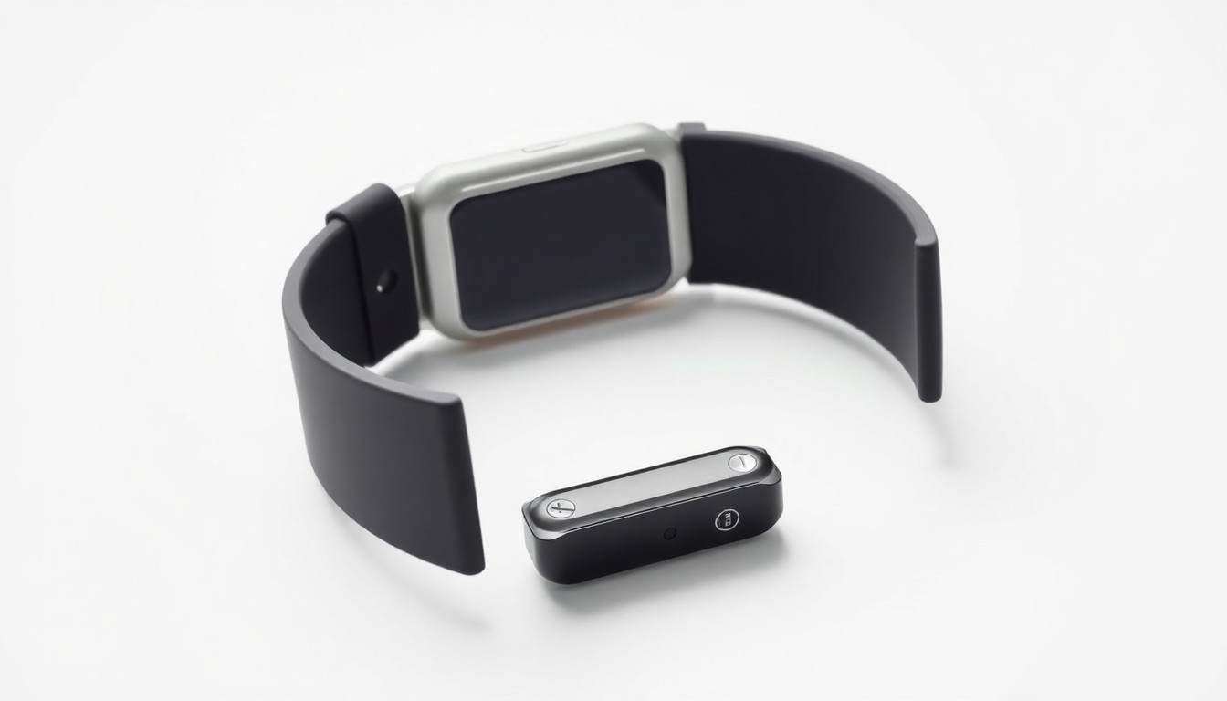 An extreme close-up of a minimalist, geometric fitness tracker with a sleek, matte black body and subtle metallic accents, conceptually representing the integration of wearable technology into personal training.