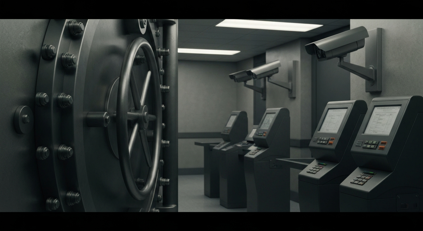 An extreme close-up of heavy, industrial banking machinery and security equipment, conveying the tangible power and infrastructure of the financial system as a metaphor for the MUSD stablecoin project.