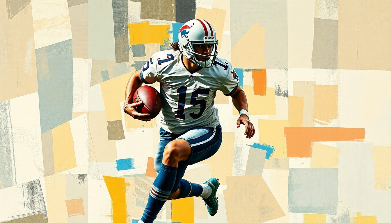 A cubist-style painting depicting a football player in mid-motion, broken down into sharp, overlapping geometric shapes and planes in a vibrant color palette, conceptually representing the strategic complexities of the Rashan Gary trade.