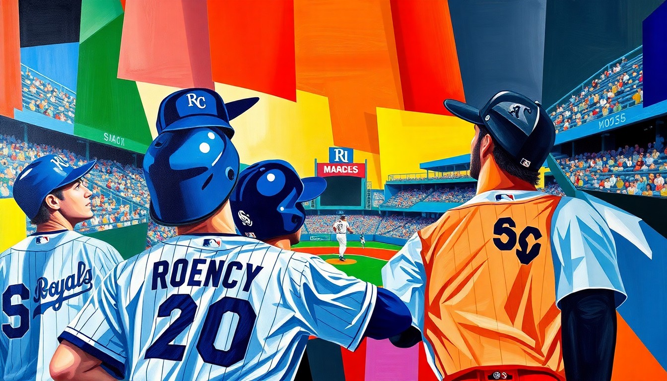 A cubist, geometric painting depicting a baseball game in progress, with overlapping planes of color representing the players, field, and stadium elements.