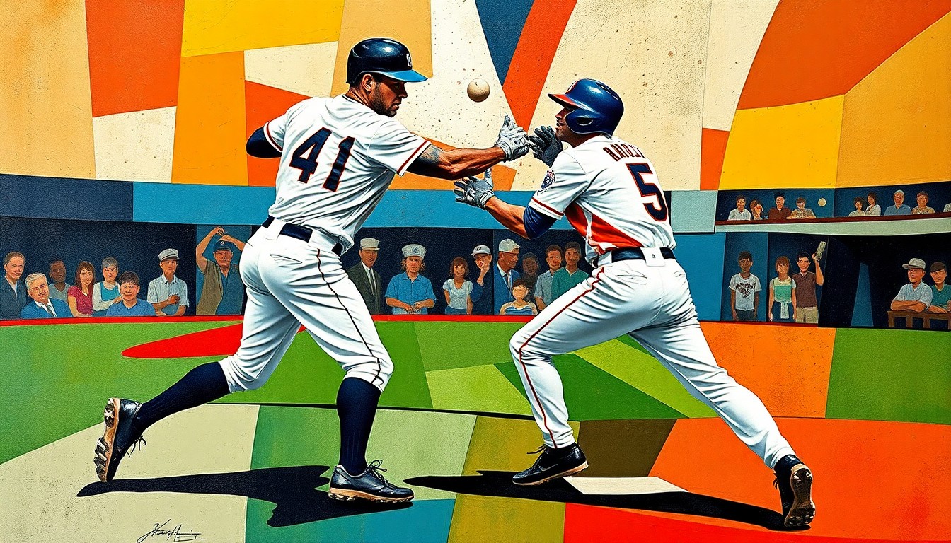 A fragmented, multi-perspective painting in the cubist style, depicting the physical clash between two baseball players in mid-motion, with their bodies and the field of play broken down into sharp, overlapping geometric shapes and planes of color.