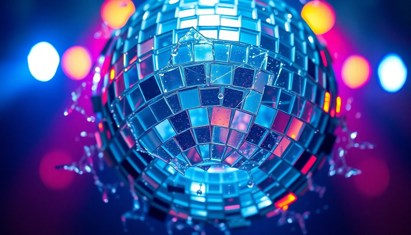 An extreme close-up photograph of shattered, reflective glass shards in vibrant colors, conceptually representing the pressures and fragility of fame in the music industry.