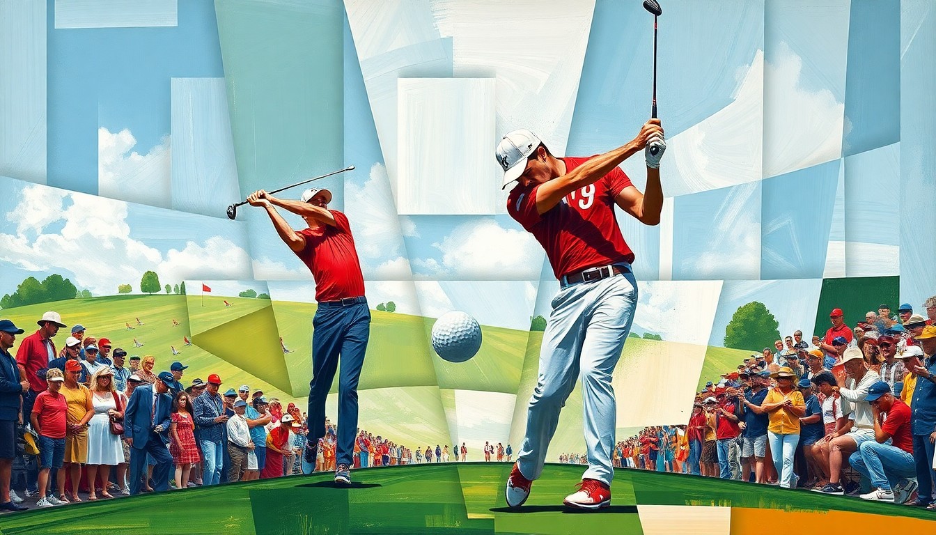 A cubist-style painting depicting a fragmented, geometric scene of a golf course, with Travis Kelce's golf swing and the trajectory of the ball overlapping and intersecting with a crowd of spectators in the background, conveying the disjointed and unpredictable nature of the athlete's golfing accidents.
