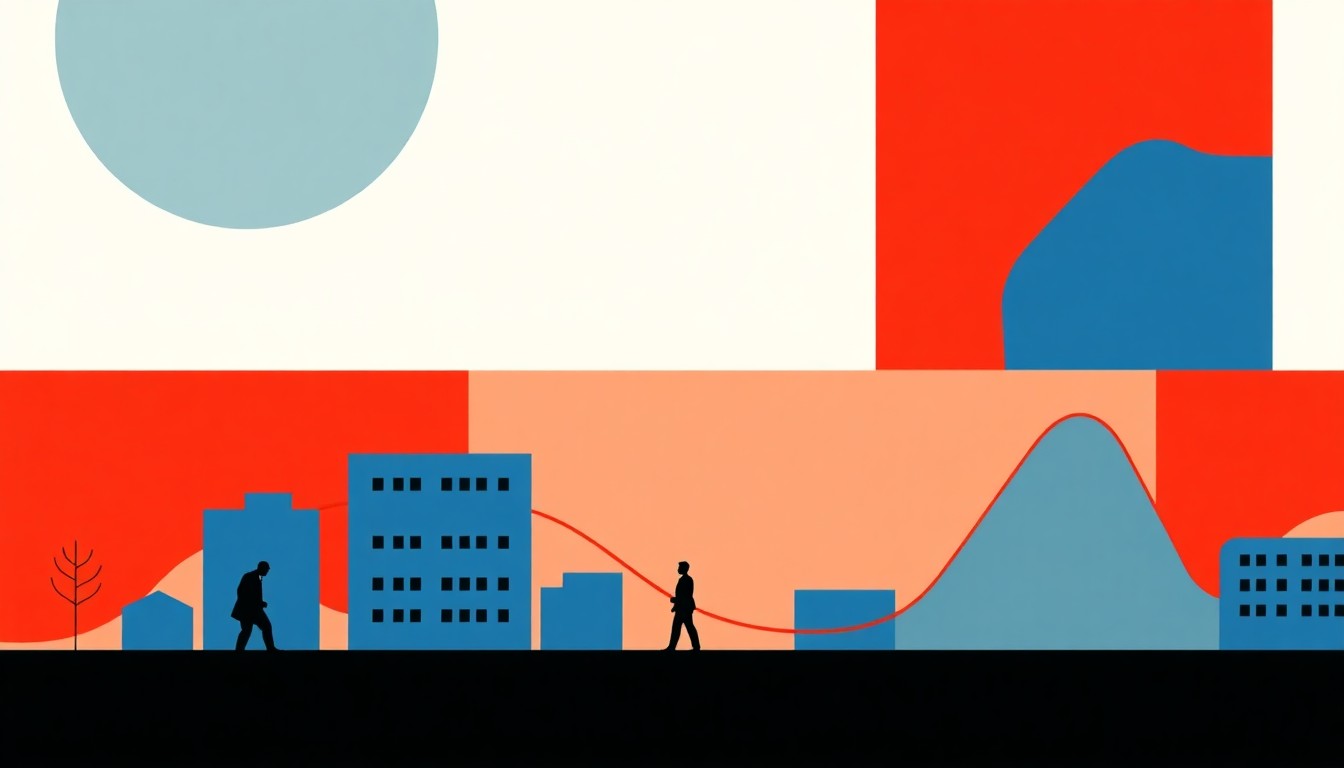 A geometric abstract illustration using bold shapes and primary colors to conceptually represent the shifting dynamics of the labor market, moving away from traditional metrics.