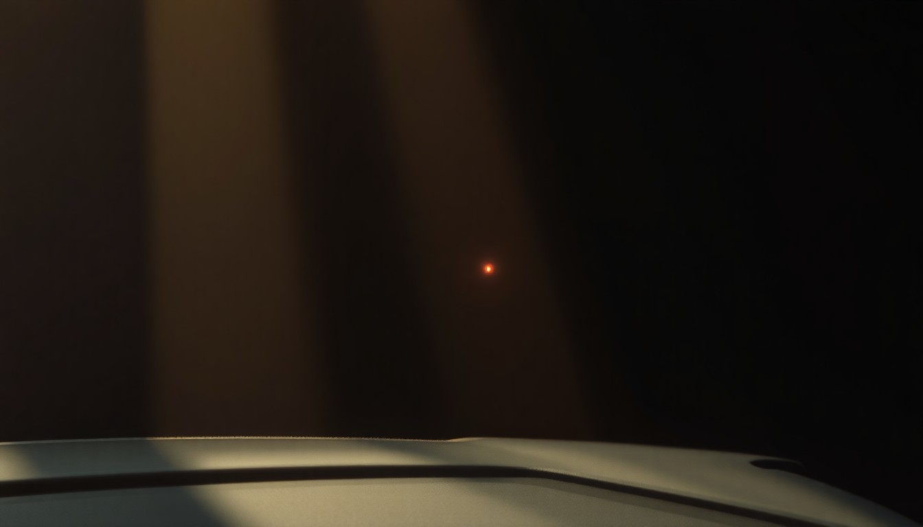 An extreme close-up of a shattered car sensor lens reflecting a faint red light, conceptually illustrating the vandalism of self-driving cars.