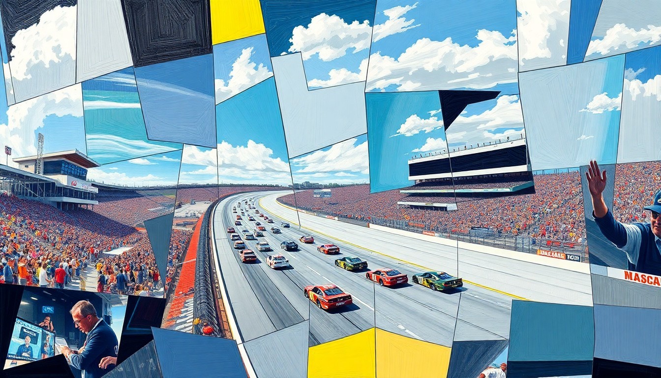 A cubist, geometric painting depicting a NASCAR race at Bristol Motor Speedway, with overlapping planes of color and shape representing the high-speed action and tactical brilliance of the drivers.