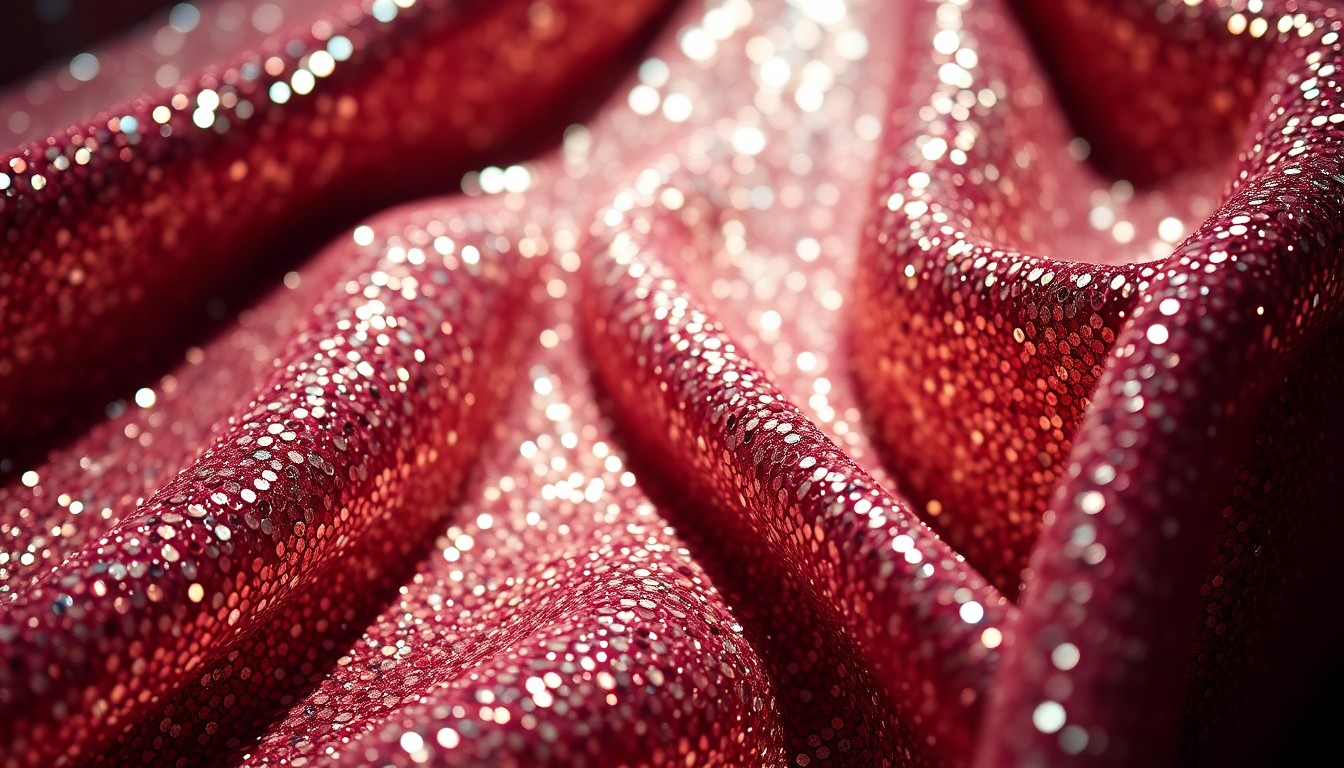 An extreme close-up of shimmering, glittering sequins and metallic fabrics, capturing the glamour and high-fashion aesthetic of Sabrina Carpenter's Coachella performance.