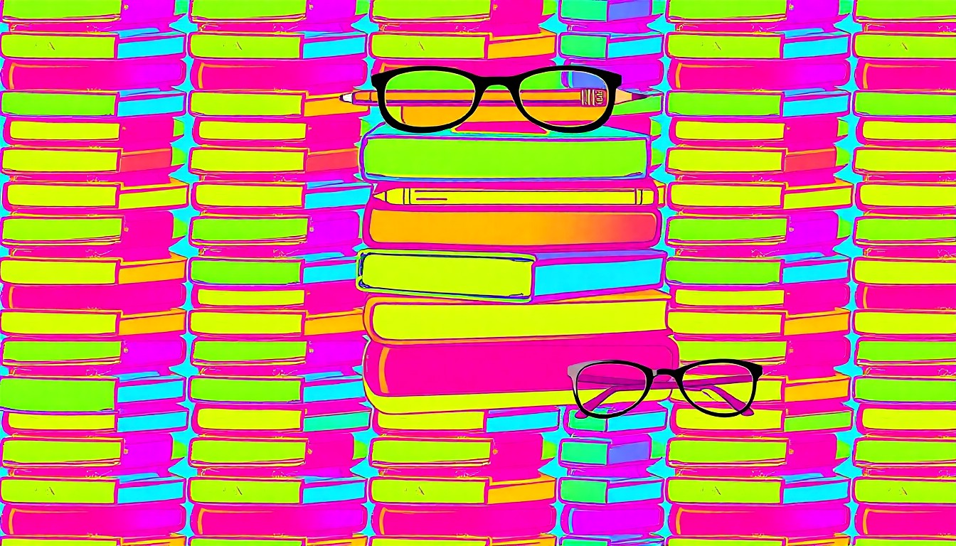 A brightly colored, high-contrast silkscreen print of a stack of books, a pencil, and a pair of eyeglasses repeated in a tight grid pattern, capturing the academic focus and creative spirit of a student competition.