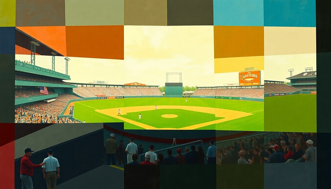 A cubist-style painting featuring overlapping geometric shapes and planes in shades of green, blue, and brown, representing the action and movement of a baseball game.