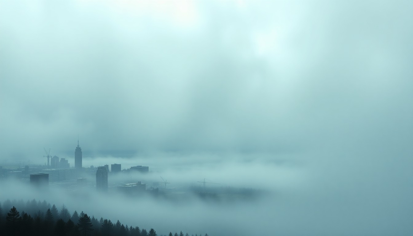 A sweeping, atmospheric landscape painting in muted tones of grey, blue, and white, depicting the Duluth skyline and Lake Superior shrouded in a heavy fog, with the city's buildings and structures dwarfed by the overwhelming presence of the natural environment.