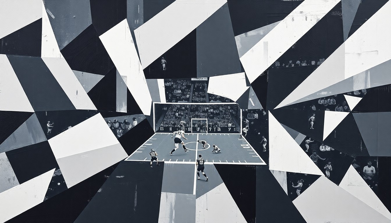 A fractured, multi-perspective painting featuring overlapping geometric planes in shades of black, white, and gray, conceptually representing the complex roster decisions facing the Pittsburgh Steelers.