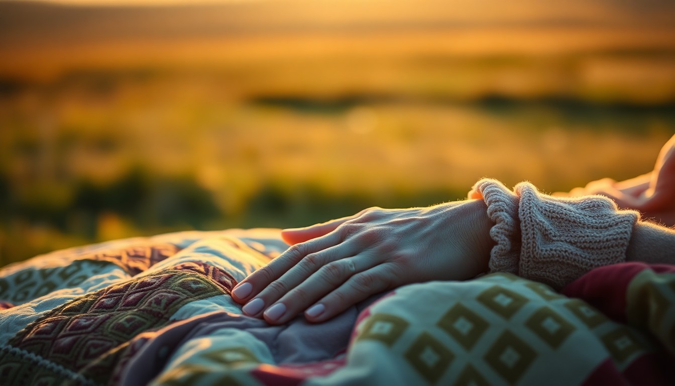An impressionistic, out-of-focus scene of an elderly woman's hands resting on a quilt, with a blurred landscape of Iowa farmland in the background, conveying a sense of warmth, memory, and community.