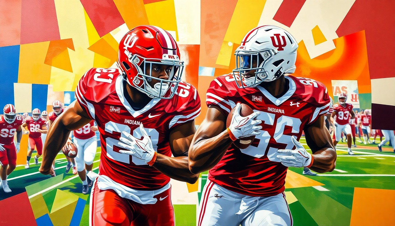 A cubist, geometric painting depicting the overlapping movements and perspectives of two football players in Indiana Hoosiers uniforms, representing linebackers Rolijah Hardy and Isaiah Jones leading their team's defense.