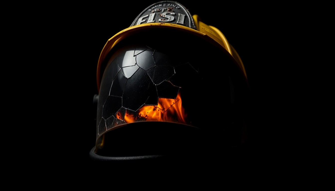 An extreme close-up photograph of a firefighter's helmet with a charred, cracked visor, conveying the tragedy and investigation surrounding the deaths of the two fire chiefs.