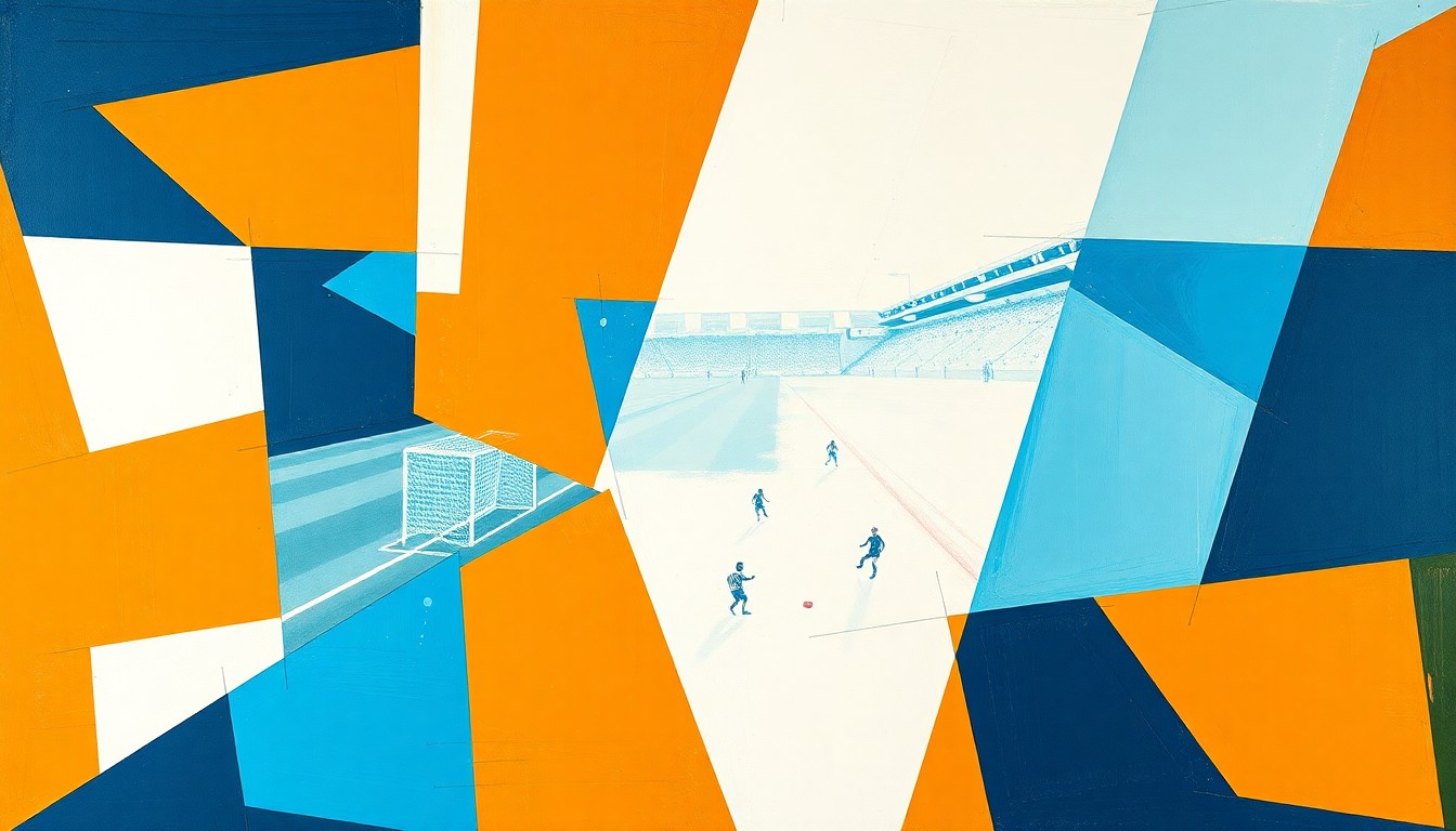 A cubist, geometric painting depicting a fragmented football field with players' forms broken into overlapping angular shapes in shades of aqua, orange, and white, conveying the uncertainty and disruption surrounding the Dolphins' offseason changes.