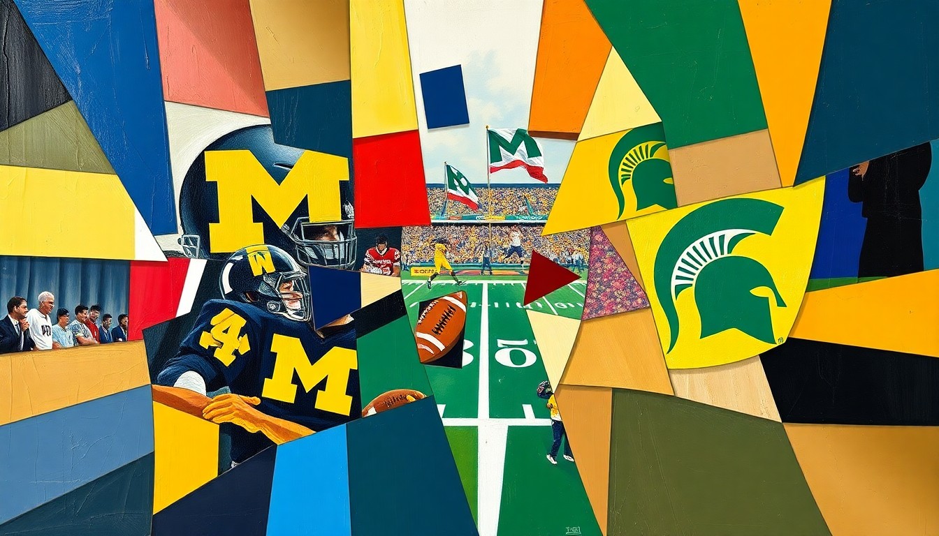 A fractured, cubist-style painting depicting a football game or match, with sharp, overlapping geometric planes in vibrant team colors and neutral tones, conceptually representing the high-stakes recruiting battle for a top in-state running back prospect.