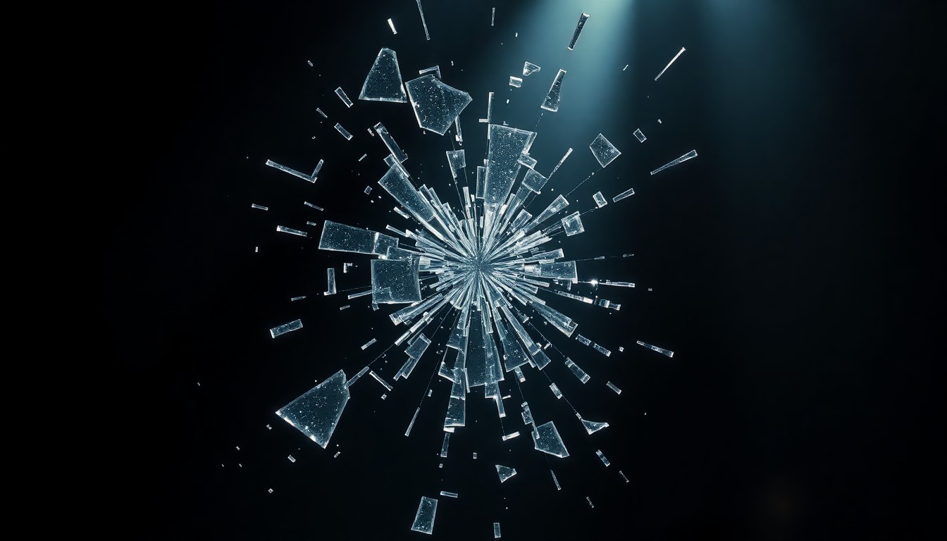 An extreme close-up photograph of shattered, glittering glass fragments in dramatic, high-contrast studio lighting, conceptually representing the clash between a global pop star's brand and a local performer's trademark.