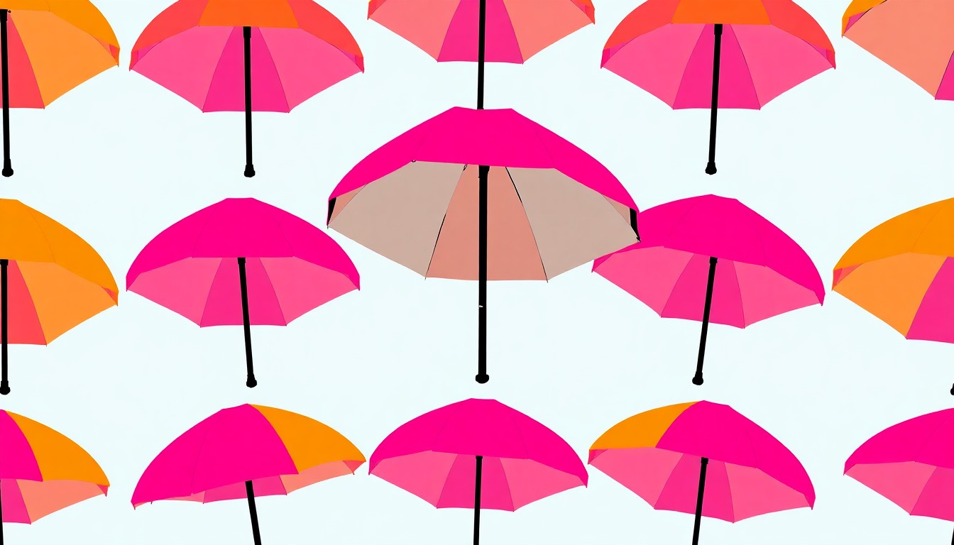 A bold, colorful silkscreen-style illustration featuring a repeating pattern of a classic beach umbrella in vibrant neon hues, conceptually representing the exclusive coastal real estate opportunity.