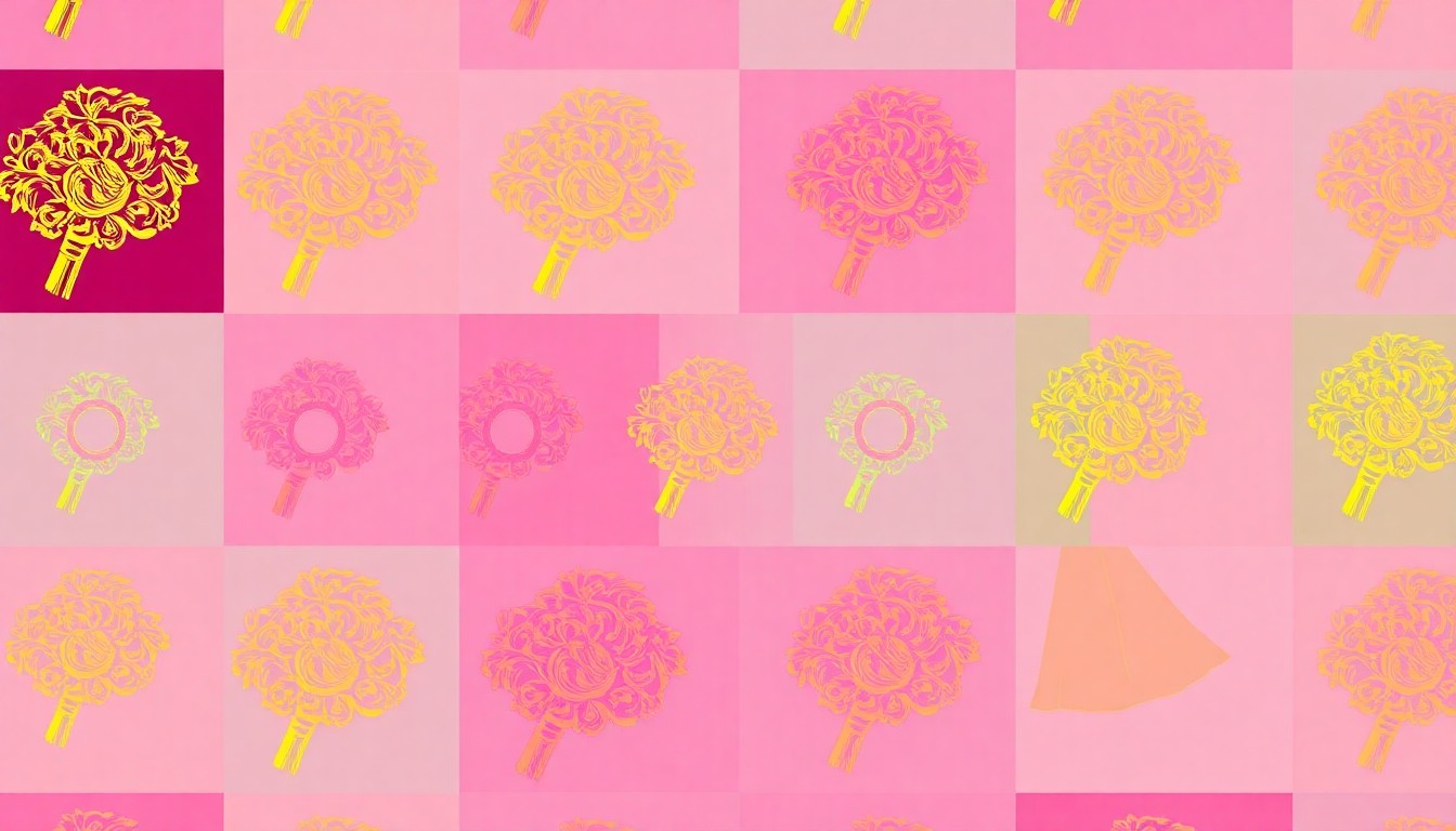 A high-contrast silkscreen print of a single, stylized wedding dress repeated in a grid pattern, using a vibrant neon color palette and heavy black outlines to create a modern pop art aesthetic.