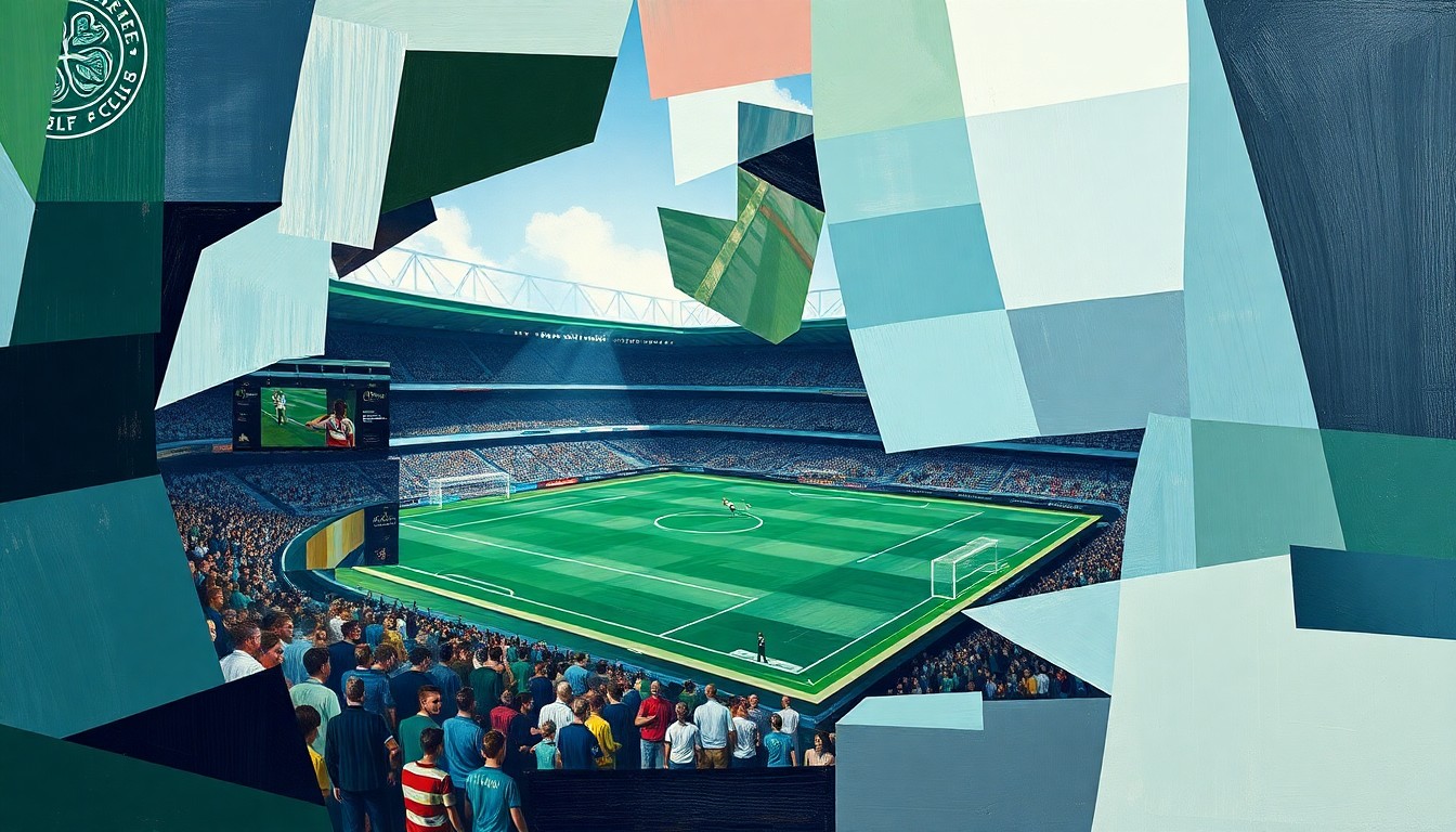 A fragmented, geometric painting depicting a Scottish Premiership football match between Celtic and St Mirren, with sharp, overlapping shapes and planes representing the strategic complexity of the game.