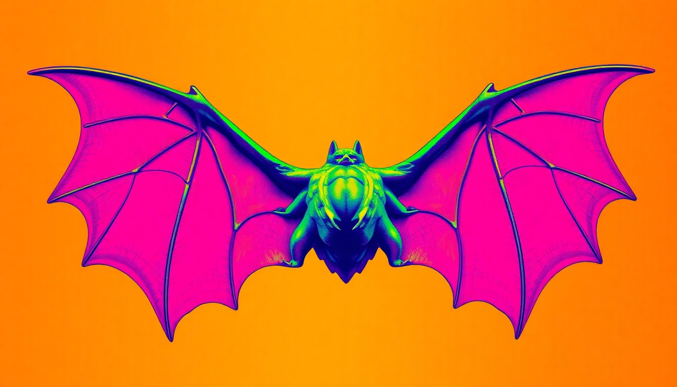 A bold, colorful silkscreen print featuring a repeated image of a human-sized bat wing sculpture, rendered in a vibrant neon color palette and heavy black outlines to transform the everyday object into a striking pop art composition.