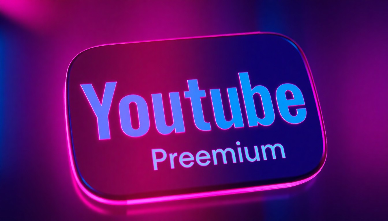 A highly detailed, glowing 3D illustration of a YouTube Premium subscription icon or logo, with vibrant neon cyan and magenta lights emanating from the design, conceptually representing the platform's evolving digital landscape.