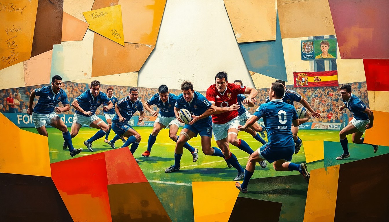 A fractured, multi-perspective painting in the style of Pablo Picasso, breaking down a rugby sevens match between Fiji and Spain into sharp, overlapping geometric planes that capture the intense movements and energy of the game.
