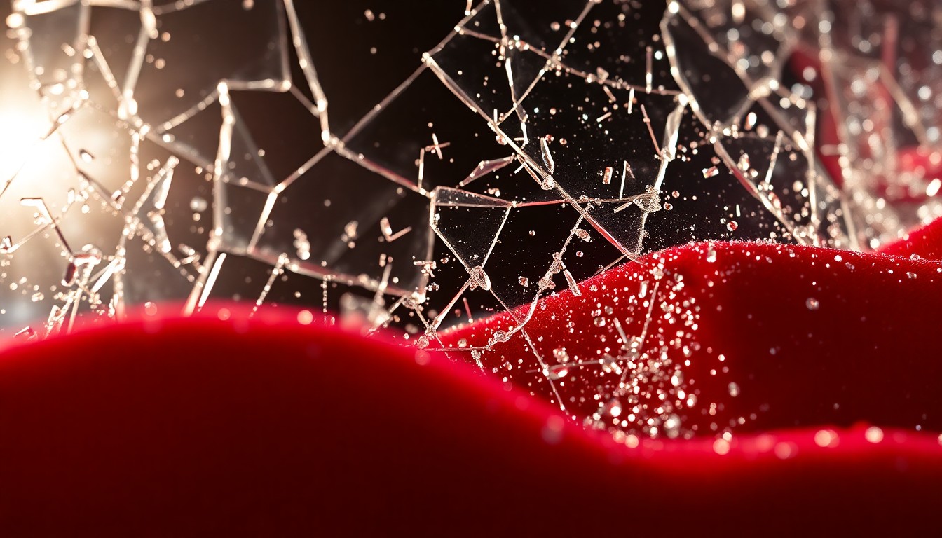 An extreme close-up photograph of shimmering, reflective glass shards in dramatic studio lighting, conceptually representing the lasting glamour and cultural significance of the acclaimed television series The Sopranos.
