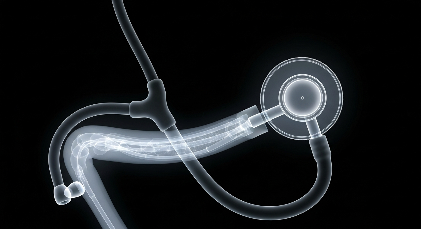 A translucent, ghostly X-ray image of a stethoscope, its internal structure revealed as glowing lines against a dark background, symbolizing the unseen challenges of the medical profession.