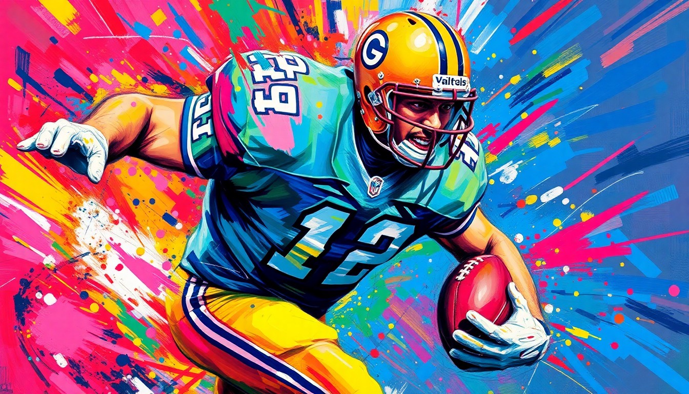 An abstract, expressionist painting in neon colors capturing the raw energy and defensive movements of a football player, with the player's face and uniform details dissolving into unrecognizable splatters, conceptually representing the inspiring story of Boise State's Jeremy Ioane.