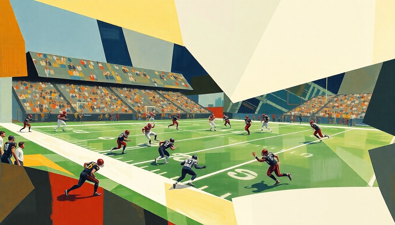 A cubist, geometric painting depicting a football game, with players and the field broken down into sharp, overlapping shapes and planes, creating a fractured, multi-perspective visual representation of the sport.