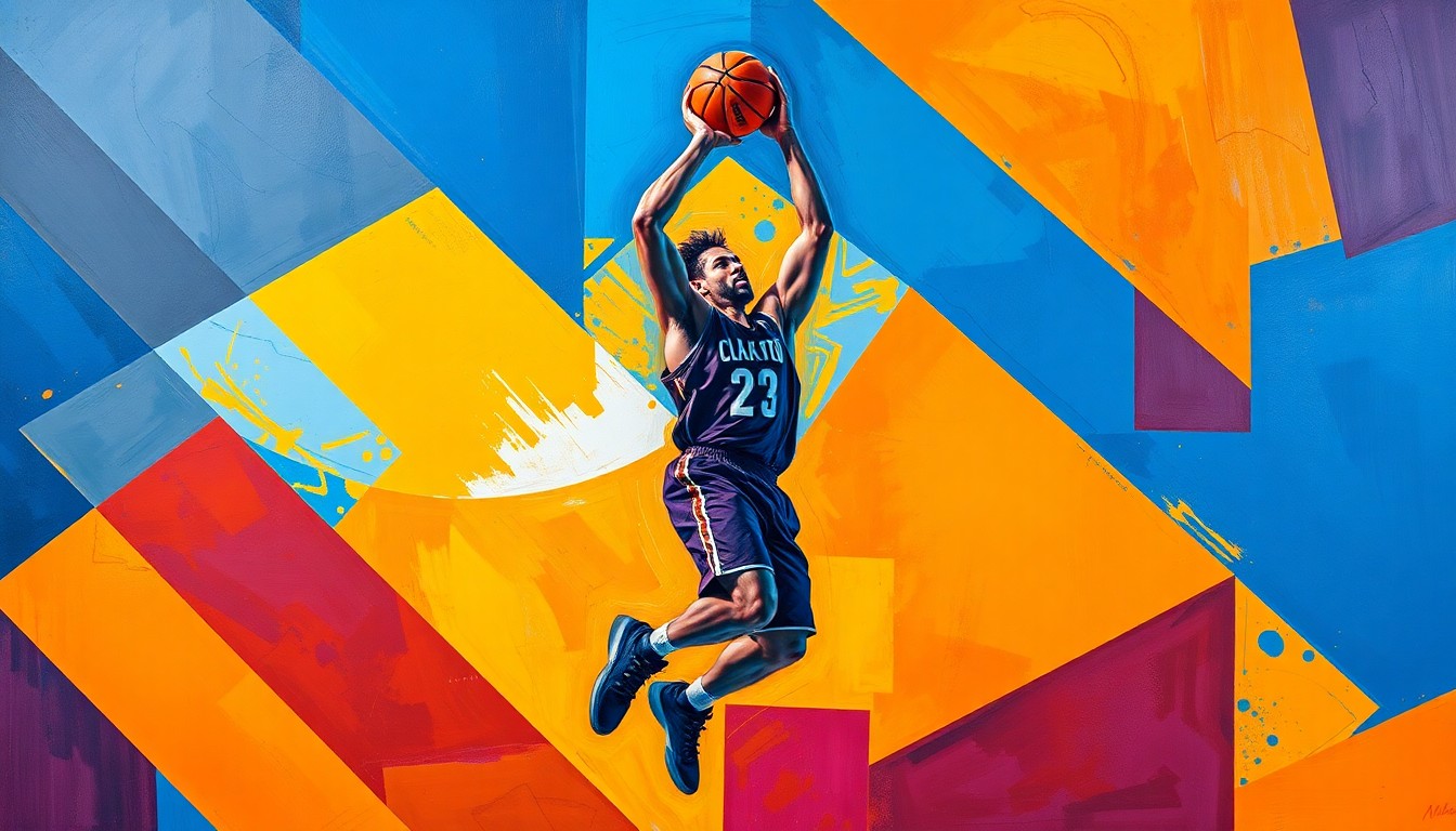 A fractured, geometric painting depicting a basketball player's shooting motion, with sharp planes of color and overlapping perspectives, conveying the dynamism and skill of three-point shooting in the NBA.