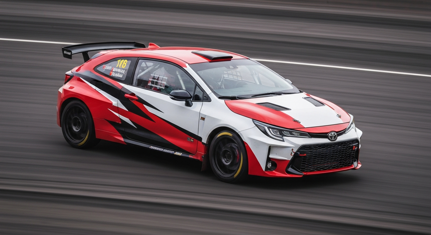 A blurred, abstract image of a Toyota rally car in motion, with streaks of red, white, and black paint conveying a sense of speed and power.
