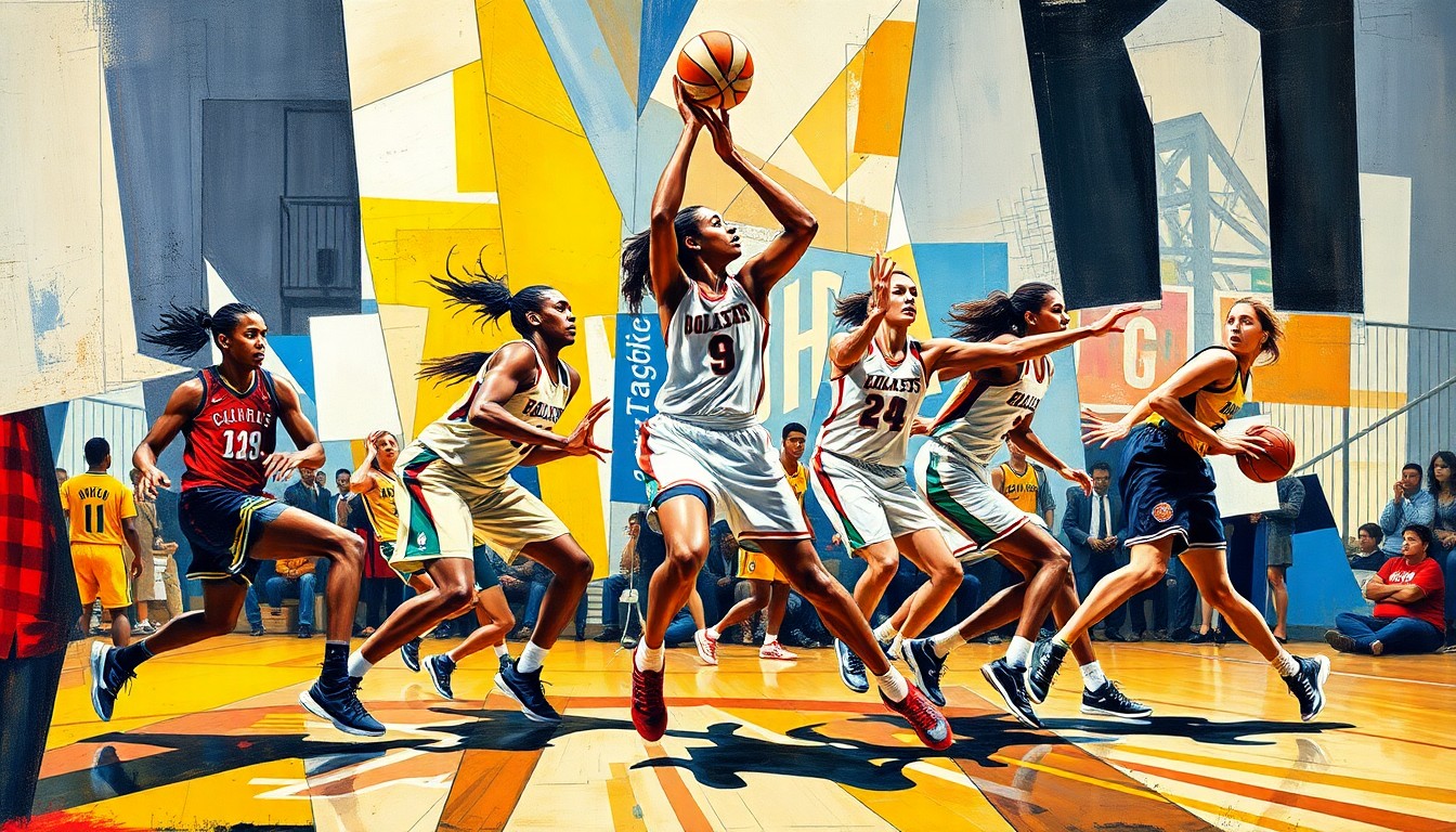 A cubist, geometric painting depicting the dynamic movements and energy of a WNBA basketball game, with the players' figures deconstructed and abstracted into sharp, overlapping planes of color and form.