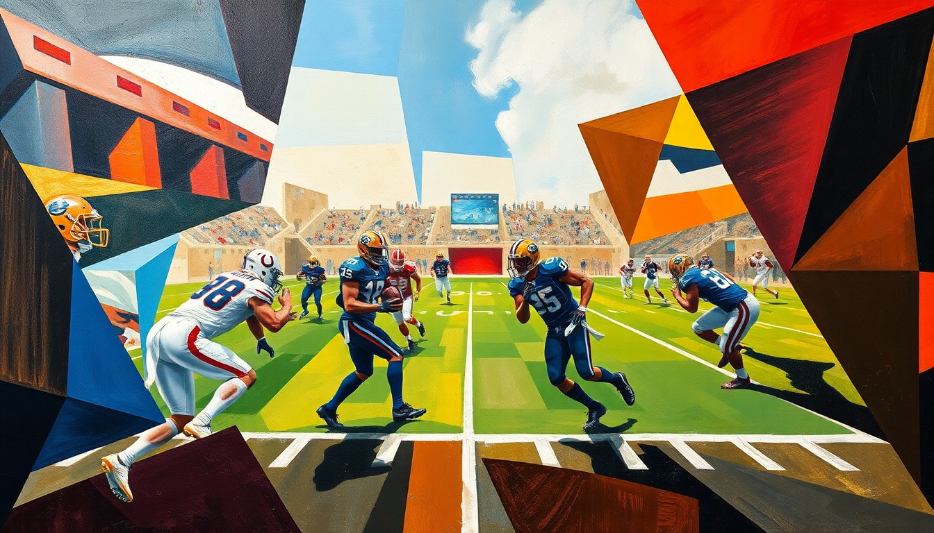 A cubist, geometric illustration depicting fragmented, overlapping shapes and planes of color representing a football practice or game scene, capturing the energy and movement of the sport without any identifiable players or logos.