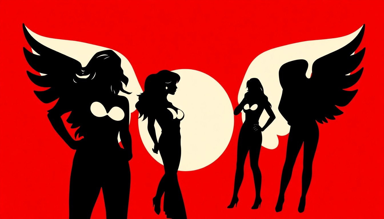 A striking, abstract illustration featuring bold, jagged silhouettes of three women in action poses, representing the iconic 'Charlie's Angels' characters, in a conceptual composition that captures the show's legacy of empowerment and cultural significance.